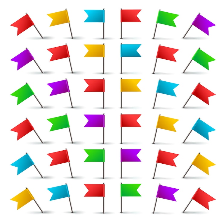 Vector 3d彩色旗<unk>, 具有不同角度的金属针和推<unk>.