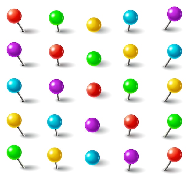 둥근 머리와 바늘 다른 각도 격리 세트에 현실적인 3d 컬러 플라스틱 푸시 핀.