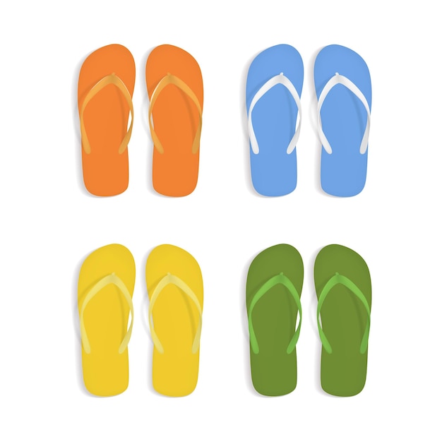 Realistic 3d Colorful Flip Flops Beach Slippers Sandals Set Vector