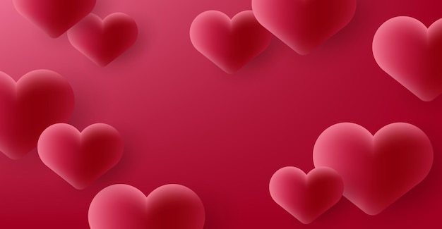 Realistic 3D Colorful Red Romantic Valentine Hearts Background Floating on red backdrop