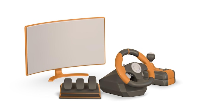 Vector realistic 3d computer monitor game steering wheel pedals shifter vector illustration