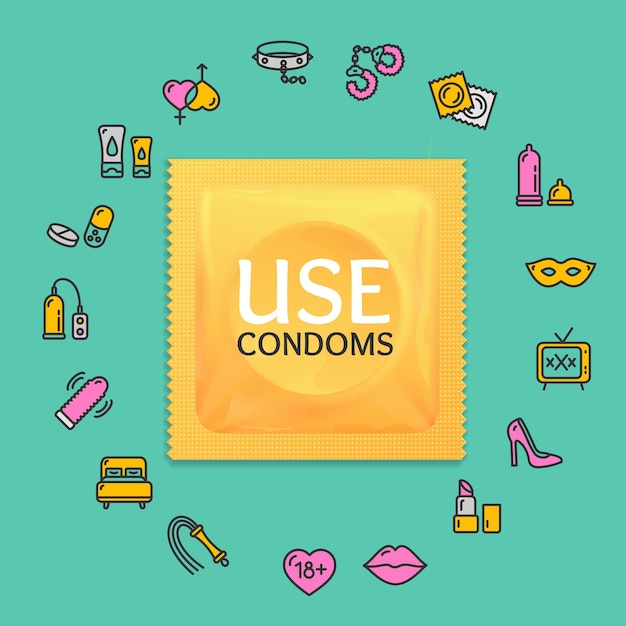 Realistic 3d Condoms Package Round Design Template Line Icon Concept Vector