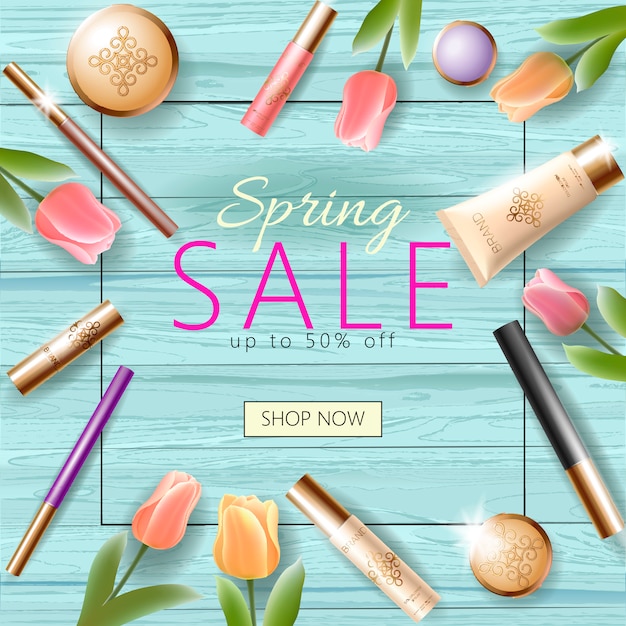 realistic 3d cosmetic spring sale banner template, square promotional