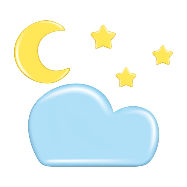 Realistic 3d design of weather forecast elements, icon symbol, meteorology. Decorative 3d golden Moon, star and blue cloud. Vector illustration isolated on a white background