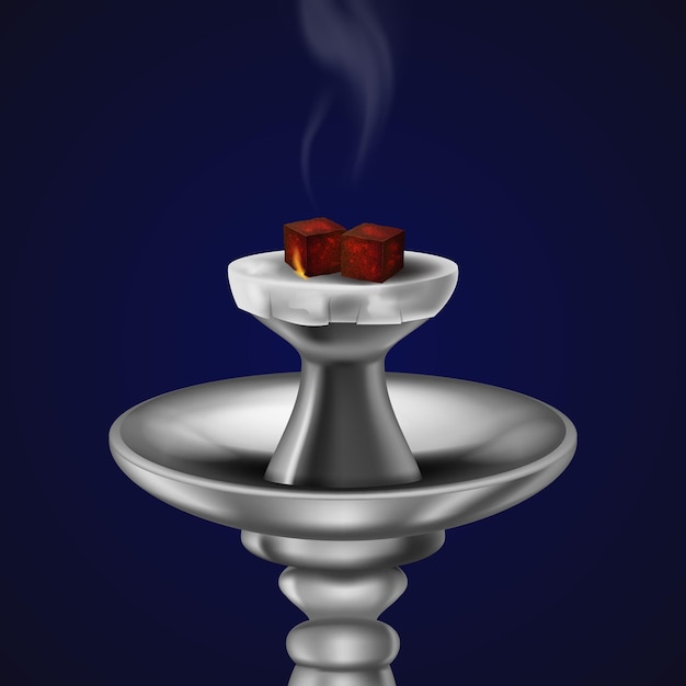 Realistic 3d Detailed Charcoal Cubes for Hookah Pipe on a Blue Symbol of Arabic Tradition Relaxation Vector illustration