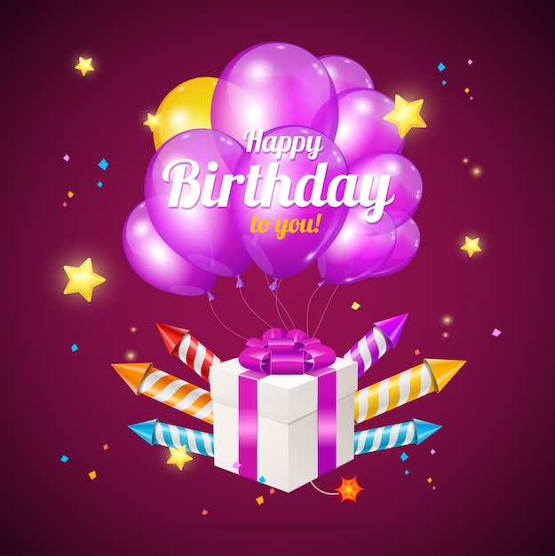 Realistic 3d Detailed Color Balloons and Present Box Birthday Card Concept Vector