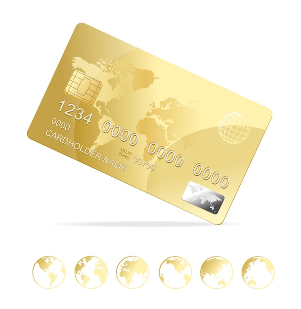 Realistic 3d Detailed Gold Shiny Plastic Credit Card with Map Vector