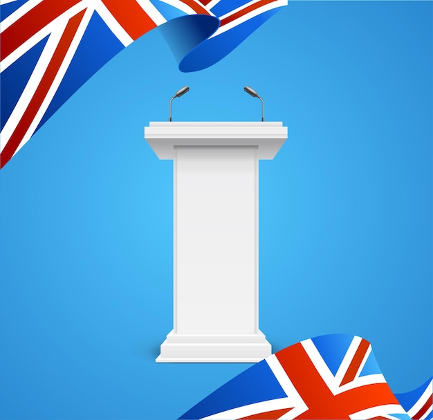 Realistic 3d detailed great britain flag and debate podium banner background vector