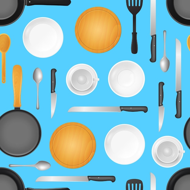 realistic 3d detailed kitchenware or kitchen utensils seamless pattern background vector