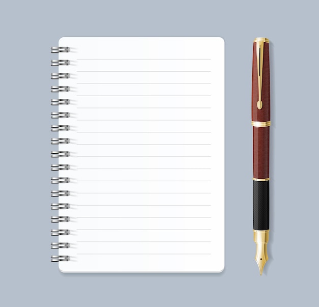 Realistic 3d Detailed Notebook Lined Spiral and Pen Vector