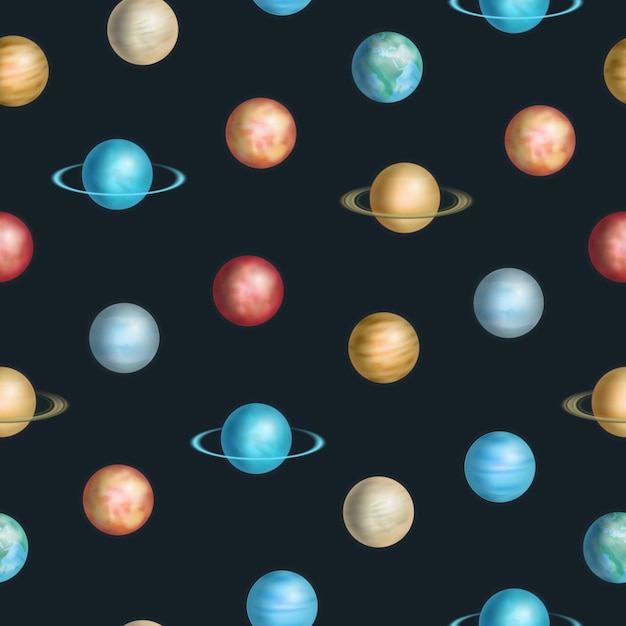 Realistic 3d Detailed Solar System Planet Seamless Pattern Background Include of Earth Saturn Jupiter Mercury and Venus Vector illustration