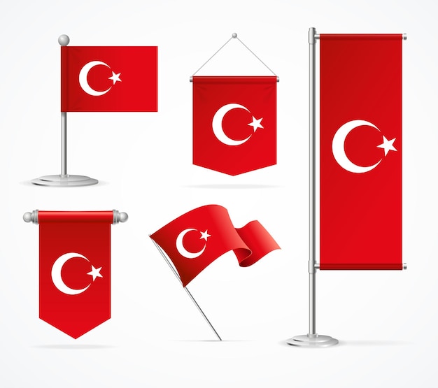 Realistic 3d Detailed Turkey Fabric Textile Flag Banner Set Isolated on a White Background for Presentation and Exhibition Vector illustration