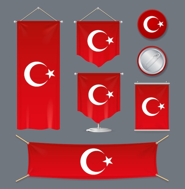 Vettore realistico 3d dettagliato bandiera della turchia banner set portatile diversa forma di tipo e dimensione illustrazione vettoriale delle bandiere