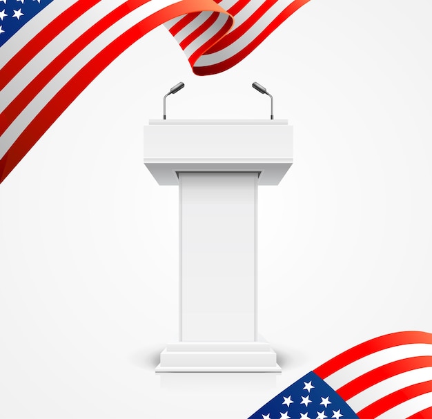 realistic 3d detailed usa flag and debate podium banner background vector