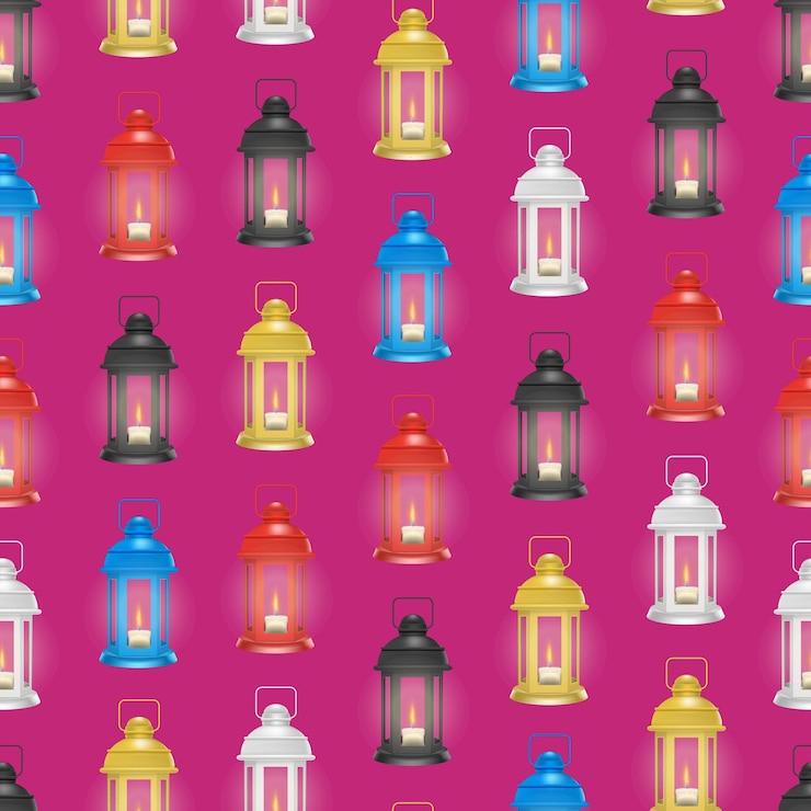 Vector realistic 3d detailed vintage lantern glowing seamless pattern background vector