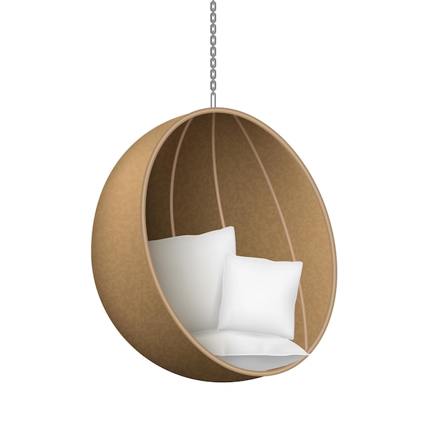 Realistic 3d Detailed Wicker Hanging Chair on Chain with Cushions Isolated on a White Background Vector illustration