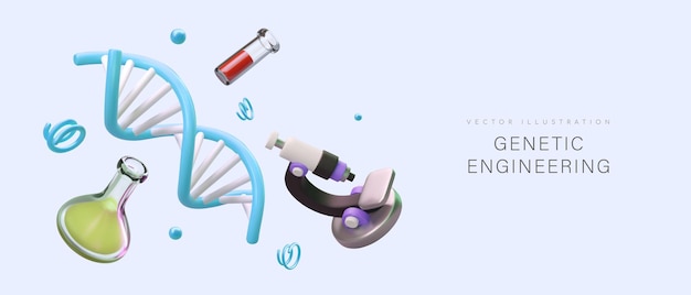 벡터 액체와 현미경을 갖춘 현실적인 3d dna 구조의 다른 플라스크