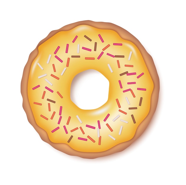 黄色のトッピングに振りかける現実的な 3 d ドーナツ 艶をかけられたカップケーキ おいしい不健康な食品デザート