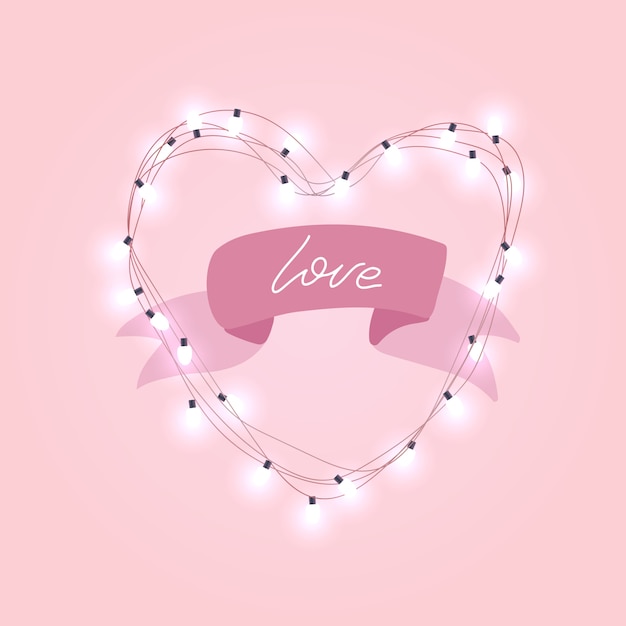 Realistic 3d electric bulb in heart shaped frame with rpink ribbon and love text.