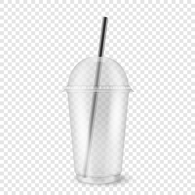 realistic 3d empty clear plastic disposable cup with sphere dome cap and a straw closeup isolated