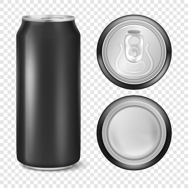 Vector realistic 3d empty glossy metal black aluminium beer pack or can visual 500ml