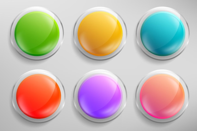 Vector realistic 3d glass buttons collection or isolated glossy badges in different color