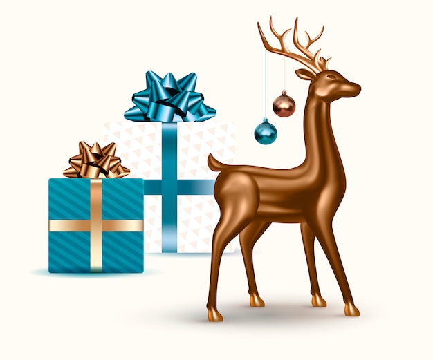 Realistic 3d glass deer, Xmas balls and gifts