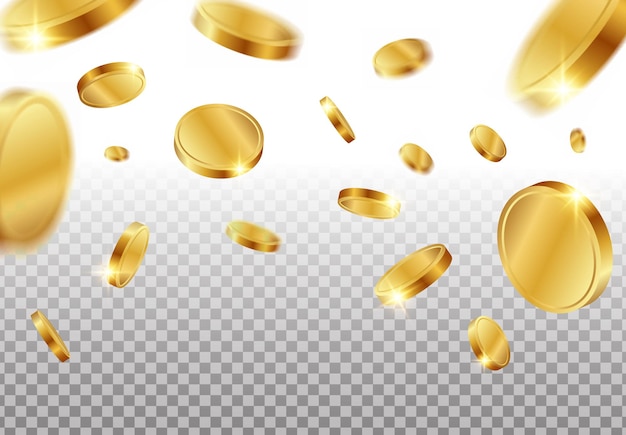 Realistic 3d gold coins falling on the background concept of falling like rain