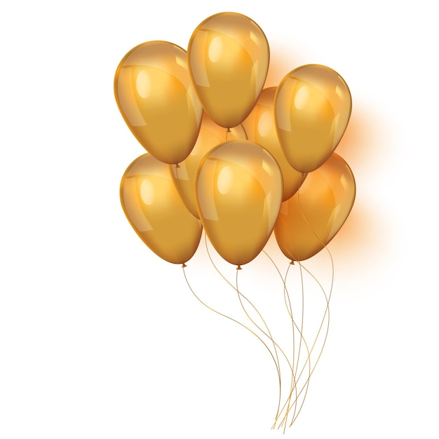 Realistic 3D Gold helium balloons on white background Set of shiny golden balloons for your design Glossy gold festive 3d helium ballons