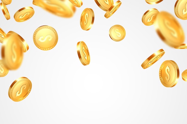 Esplosione realistica di monete d'oro 3d su bianco