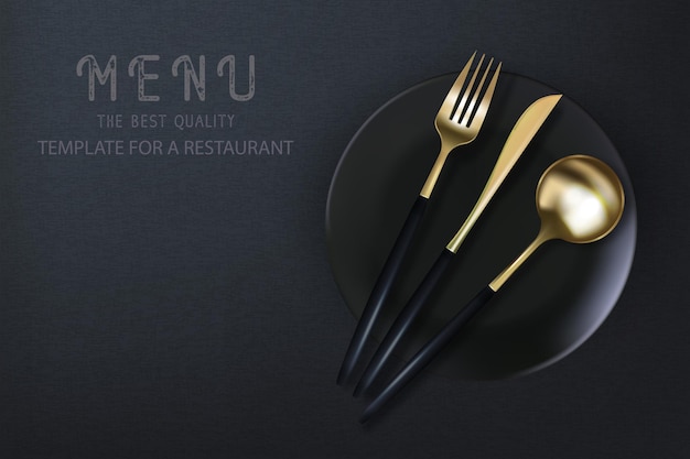 현실적인 3d 황금 포크 나이프와 스푼 레스토랑을 위한 세련된 현대 포스터