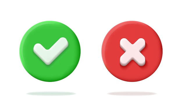 Realistic 3d green and red circle button with check and cross marks right and wrong sign ok yes no