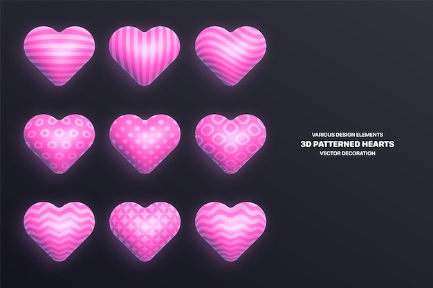 Realistic 3D Heart Vector Hot Pink Various Patterned Three Dimensional Shiny Rounded Shapes Set With Glow Isolated On Dark Background Happy Valentines Day Assorted Hearts Different Design Elements