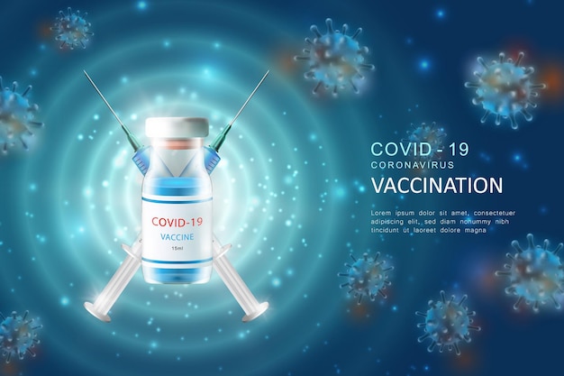 コロナウイルスCOVID-19グローバルエピデミックインフルエンザ病の背景画像のための現実的な3D注射ワクチン注射器