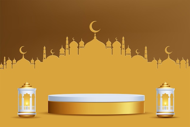 イスラムの飾りと製品の表彰台ベクトル 3 D イラストレーションでリアルな 3 d イスラムの祭典