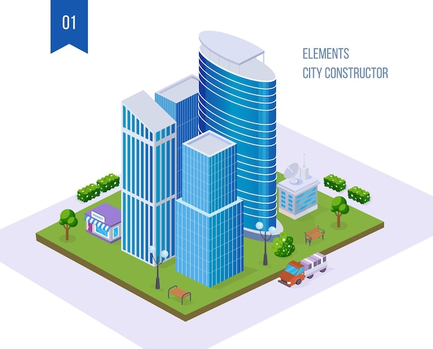 건물 시장 상점 고층 빌딩 도시 인프라 공원이 있는 도시 거대 도시의 현실적인 3D 아이소메트릭 고층 비즈니스 센터가 있는 도시 지도 생성자 아이소메트릭 벡터