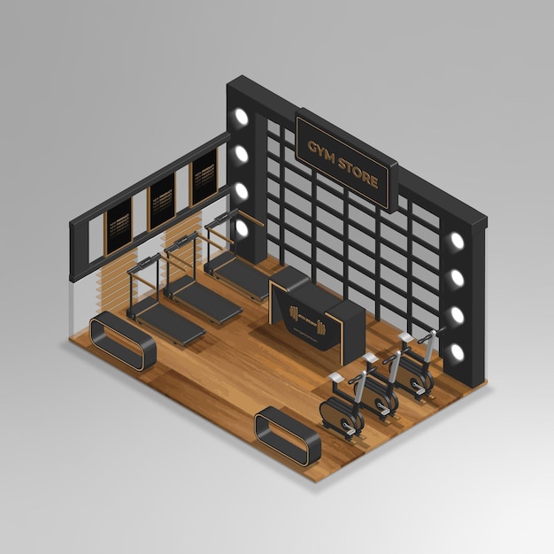 Realistic 3d isometric gym store