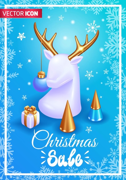 Realistic 3d isometric poster of christmas sale minimalist design with white deer with golden horns