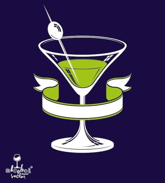 Vector realistic 3d martini glass with olive berry and classic ribbon, alcohol theme illustration. stylized artistic lounge object, relaxation and celebration – party.