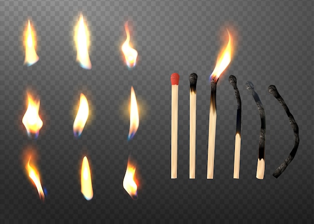 Vector realistic 3d match stick and different flame icon set.