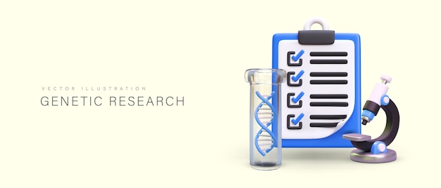 Realistic 3d microscope clipboard with checklist and flask with DNA