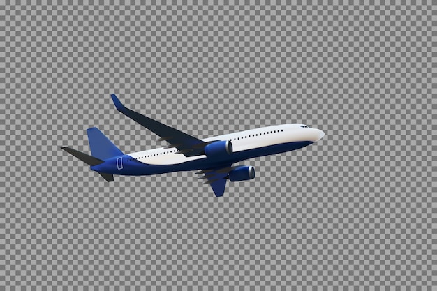 Реалистичная 3d модель летящего в воздухе самолета бело-синей расцветки на прозрачном фоне. векторные иллюстрации