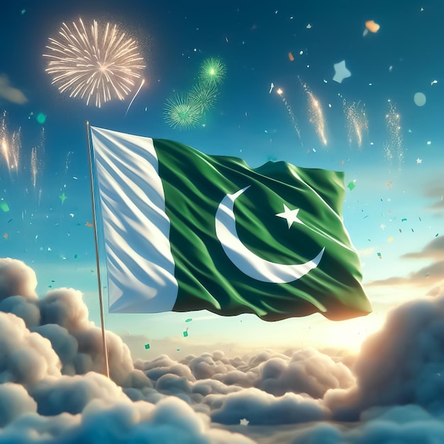 Realistic 3d pakistan flag in sky