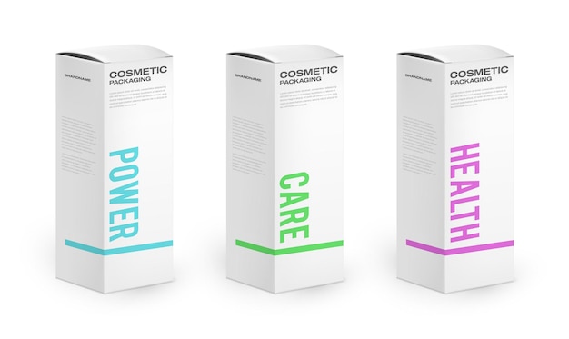 Scatole di carta 3d realistiche con tipografia di imballaggi colorati
