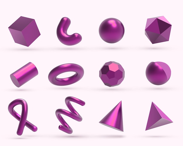 Vector realistic 3d pink metal geometric shapes objects.