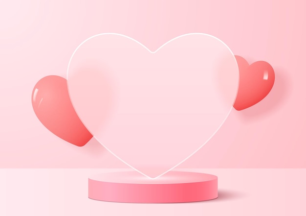 Realistic 3d pink pedestal with a big transparent heart background with floating air hearts