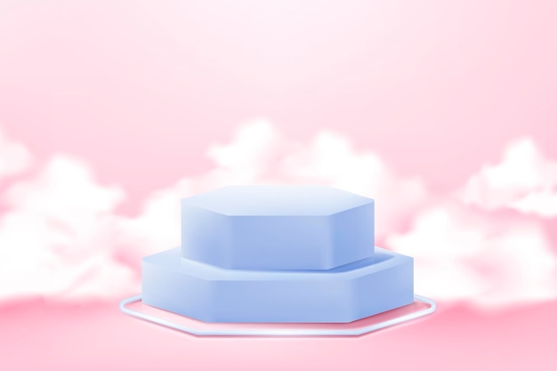 Realistic 3d podium product in pastel colours surrounded by white clouds