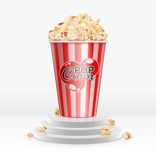 Vettore realistico popcorn 3d in ciotola usa e getta su piedistallo.