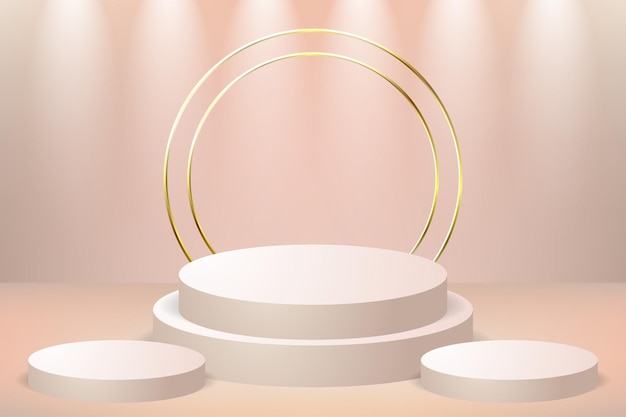 realistic 3d real pedestal with golden glass ring frame over pink pastel natural background