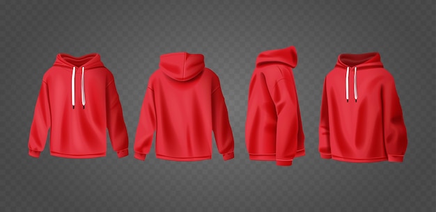 세부적인 디자인 패션 브랜드와 함께 전면 및 후면을 보여주는 현실적인 3d 레드 후디 모